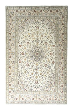 Full view of 2000s Kashan rug from Iran / Persia, 310 × 197 cm in Beige tones