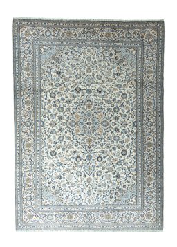 Full view of 2000s Kashan rug from Iran / Persia, 408 × 293 cm in Beige tones