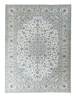 Full view of 2000s Kashan rug from Iran / Persia, 397 × 297 cm in Beige tones