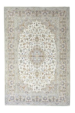 Full view of 2000s Kashan rug from Iran / Persia, 301 × 202 cm in Beige tones