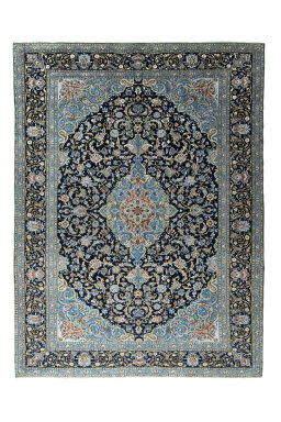 Full view of 2000s Kashan rug from Iran / Persia, 401 × 301 cm in Blue tones