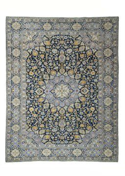 Full view of 2000s Kashan rug from Iran / Persia, 384 × 301 cm in Blue tones