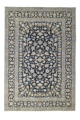 Full view of 2000s Kashan rug from Iran / Persia, 374 × 256 cm in Blue tones