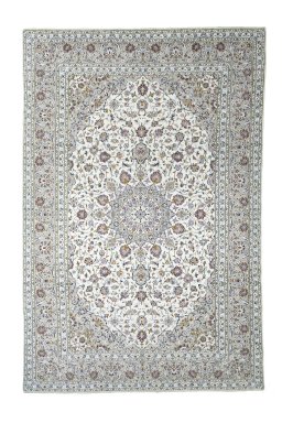 Full view of 2000s Kashan rug from Iran / Persia, 367 × 244 cm in Beige tones
