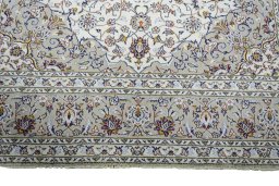 Full view of 2000s Kashan rug from Iran / Persia, 367 × 244 cm in Beige tones
