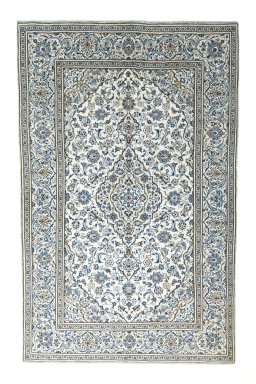 Full view of 2000s Kashan rug from Iran / Persia, 307 × 196 cm in Beige tones