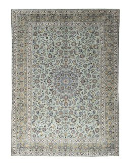 Full view of 2000s Kashan rug from Iran / Persia, 420 × 300 cm in Green tones