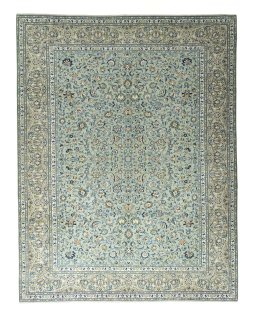 Full view of 2000s Kashan rug from Iran / Persia, 396 × 305 cm in Green tones