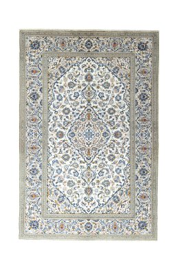 Full view of 2000s Kashan rug from Iran / Persia, 298 × 200 cm in Beige tones