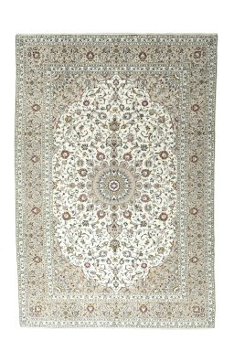 Full view of New Kashan rug from Iran / Persia, 361 × 243 cm in Beige tones