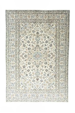 Full view of 2000s Kashan rug from Iran / Persia, 351 × 243 cm in Beige tones