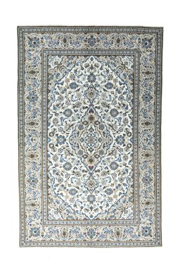 Full view of 2000s Kashan rug from Iran / Persia, 301 × 196 cm in Beige tones