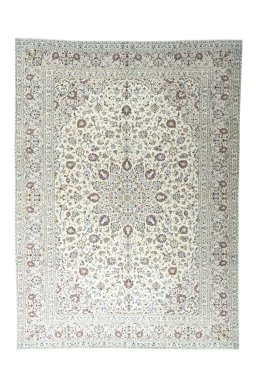 Full view of 2000s Kashan rug from Iran / Persia, 402 × 294 cm in Beige tones