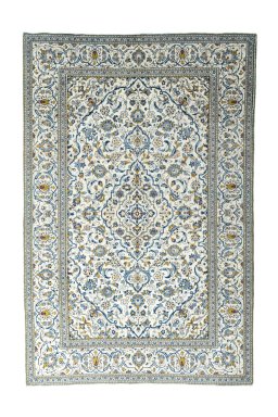 Full view of 2000s Kashan rug from Iran / Persia, 302 × 200 cm in Beige tones