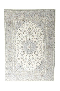Full view of 2000s Kashan rug from Iran / Persia, 346 × 247 cm in Beige tones