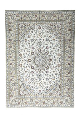Full view of 2000s Kashan rug from Iran / Persia, 350 × 249 cm in Beige tones