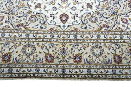 Full view of 2000s Kashan rug from Iran / Persia, 350 × 249 cm in Beige tones
