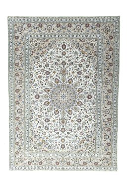 Full view of 2000s Kashan rug from Iran / Persia, 342 × 246 cm in Beige tones