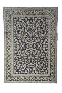 Full view of 2000s Kashan rug from Iran / Persia, 422 × 299 cm in Blue tones