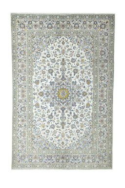 Full view of 2000s Kashan rug from Iran / Persia, 307 × 202 cm in Beige tones
