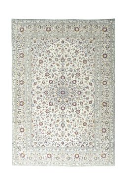 Full view of 2000s Kashan rug from Iran / Persia, 345 × 243 cm in Beige tones