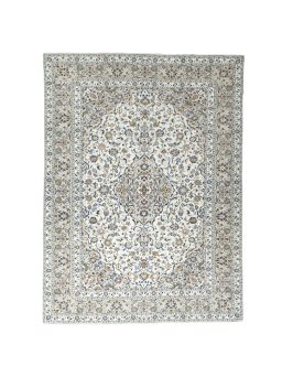 Full view of New Kashan rug from Iran / Persia, 337 × 250 cm in Beige tones