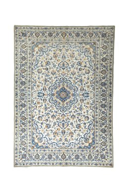 Full view of 2000s Kashan rug from Iran / Persia, 425 × 303 cm in Beige tones