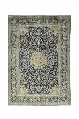 Full view of New Kashan rug from Iran / Persia, 367 × 253 cm in Blue tones