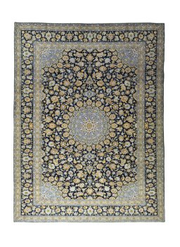 Full view of 2000s Kashan rug from Iran / Persia, 401 × 305 cm in Blue tones
