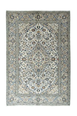 Full view of New Kashan rug from Iran / Persia, 290 × 200 cm in Beige tones