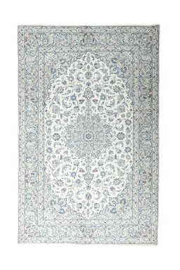 Full view of New Kashan rug from Iran / Persia, 303 × 197 cm in Beige tones