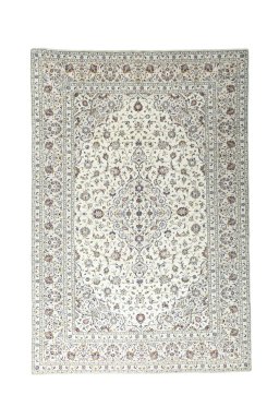 Full view of New Kashan rug from Iran / Persia, 352 × 240 cm in Beige tones