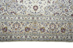 Full view of New Kashan rug from Iran / Persia, 352 × 240 cm in Beige tones