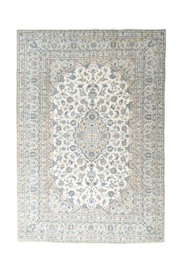 Full view of New Kashan rug from Iran / Persia, 346 × 240 cm in Beige tones