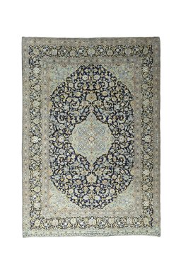 Full view of 2000s Kashan rug from Iran / Persia, 422 × 296 cm in Blue tones