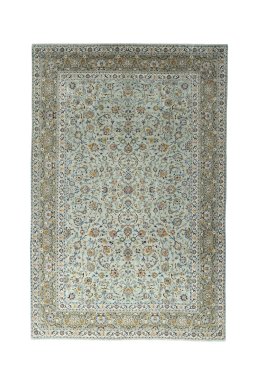 Full view of 2000s Kashan rug from Iran / Persia, 398 × 266 cm in Green tones