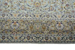 Full view of 2000s Kashan rug from Iran / Persia, 398 × 266 cm in Green tones