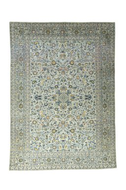 Full view of 2000s Kashan rug from Iran / Persia, 410 × 295 cm in Green tones