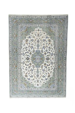 Full view of 2000s Kashan rug from Iran / Persia, 343 × 243 cm in Beige tones