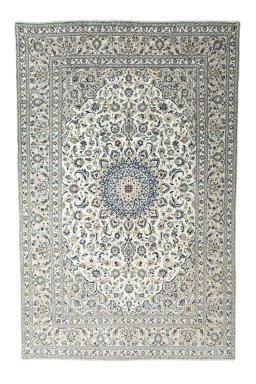 Full view of New Kashan rug from Iran / Persia, 370 × 239 cm in Beige tones