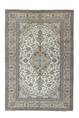 Full view of New Kashan rug from Iran / Persia, 291 × 200 cm in Beige tones