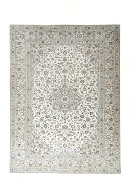 Full view of New Kashan rug from Iran / Persia, 395 × 293 cm in Beige tones