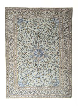 Full view of 2000s Kashan rug from Iran / Persia, 405 × 303 cm in Blue tones