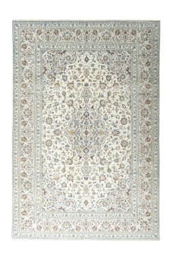 Full view of New Kashan rug from Iran / Persia, 354 × 240 cm in Beige tones