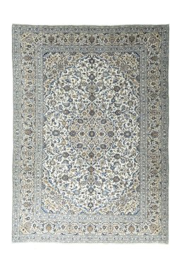 Full view of 2000s Kashan rug from Iran / Persia, 407 × 294 cm in Beige tones