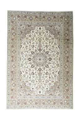 Full view of 2000s Kashan rug from Iran / Persia, 357 × 245 cm in Beige tones