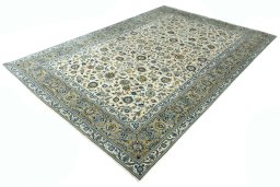 Corner detail of 2000s Kashan rug showing border pattern and Wool pile
