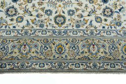 Full view of 2000s Kashan rug from Iran / Persia, 391 × 261 cm in Beige tones