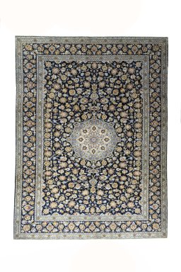 Full view of 2000s Kashan rug from Iran / Persia, 397 × 298 cm in Blue tones