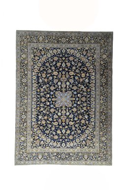 Full view of 2000s Kashan rug from Iran / Persia, 410 × 298 cm in Blue tones